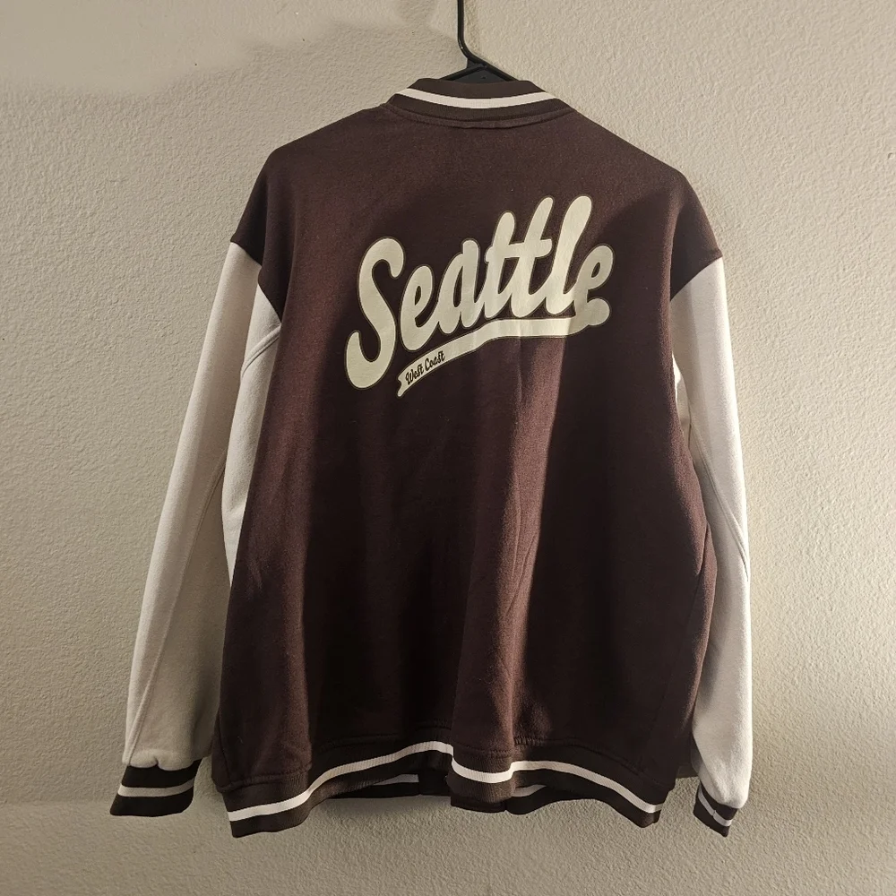 Divided Brown and Cream Varsity Jacket Classic Collegiate Style - Picture 3 of 13